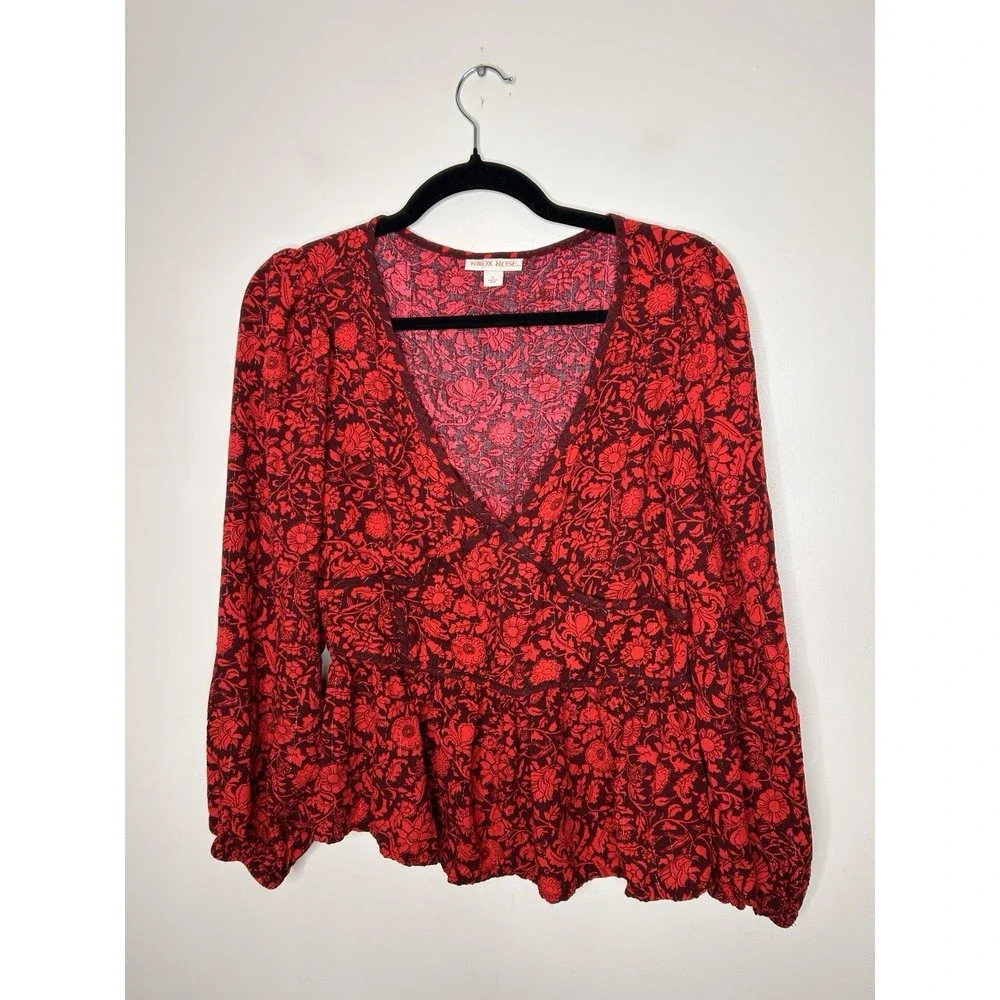 Knox Rose Women's Red Floral Boho Peasant Fairy Long Sleeve Shirt Size Large - Picture 2 of 10